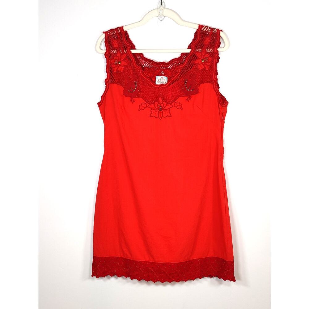 Free People Cotton Blend Lace Embellished Tunic Top Red SP Boho Y2K